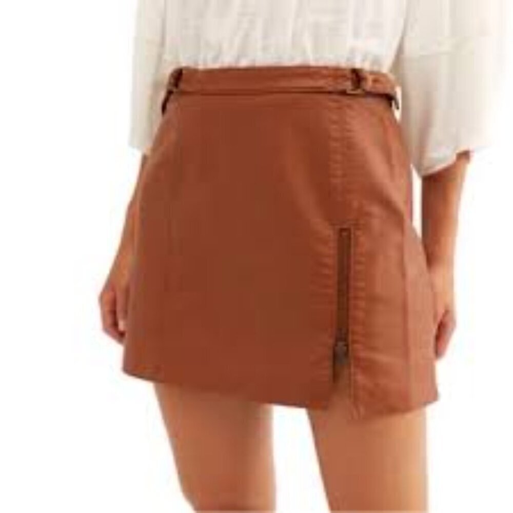 ✅ Free People Midnight Magic Vegan Faux‎ Leather Mini Skirt 2 RUST OB1013512